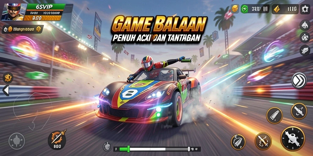 Screenshot gameplay 6SVIP menunjukkan balapan intens dan mobil yang memukau.