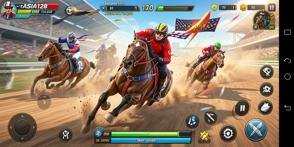 Screenshot gameplay balapan yang penuh aksi dan kecepatan tinggi.