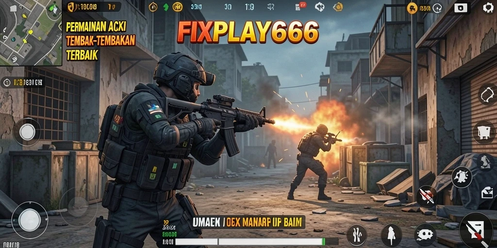 Screenshot utama FIXPLAY666 menampilkan aksi tembak-tembakan seru.