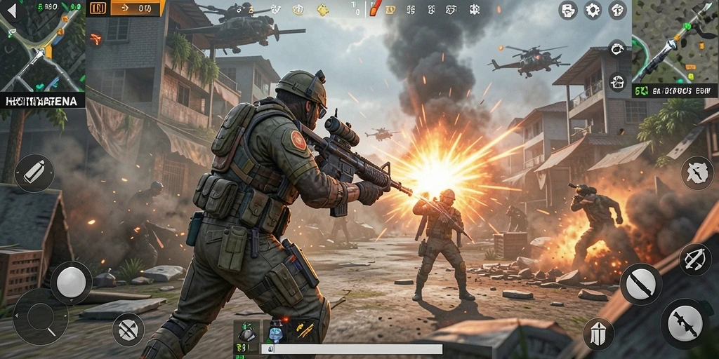 Tampilan gameplay seru dalam HOKIARENA dengan aksi FPS yang menegangkan.